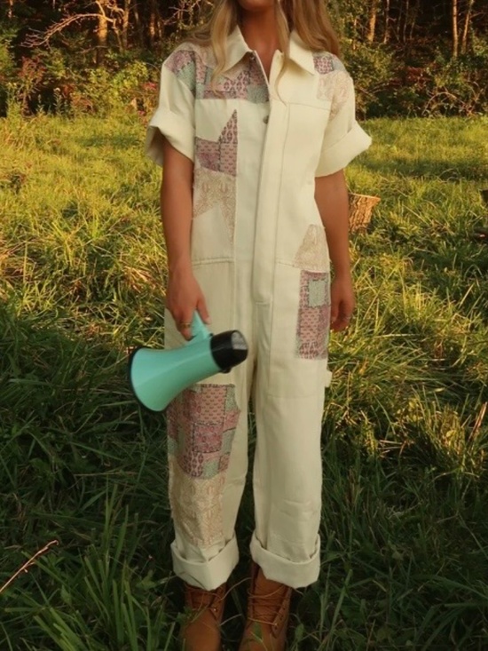Free People Pants - Maddy J Boutique Cream Jumpsuit/Overalls with Quilt style Patchwork